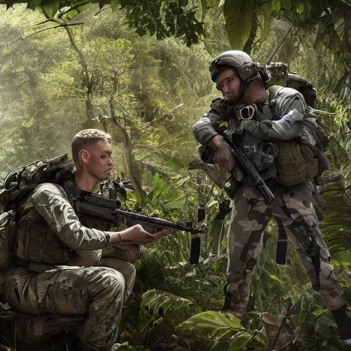 Prompt: British Special Forces soldiers in grey uniforms fighting in the jungle in Thailand 2018, dynamic composition, cinematic lighting, warm and vibrant colors, art by Sam Weber and Michael C Hayes, 8k, trending on artstation, hyper detailed, cinematic