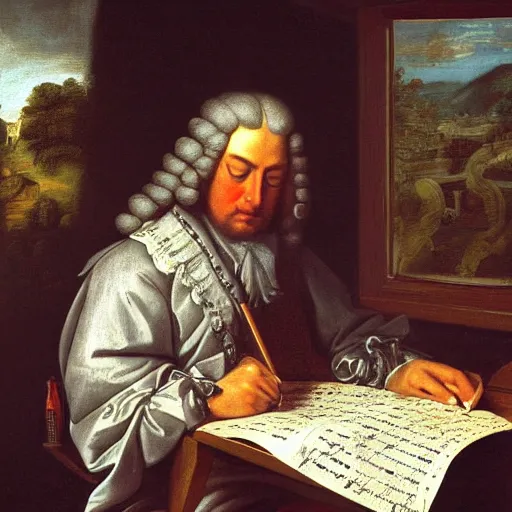 Image similar to highly detailed painting of bach writing a piece of music on a sheet of paper, he is inside of a wooden shack, 4 k resolution, by jaquis luis david, visible paint layers, renaissance.