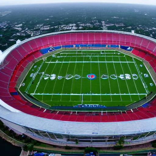 Prompt: top view of football stadium above ocean