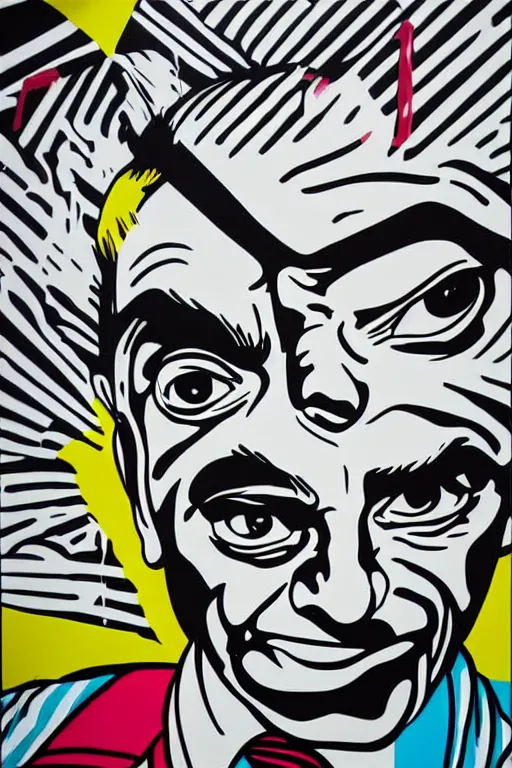 Prompt: Wall mural portrait of Mr Bean, urban art, pop art, artgerm, by Roy Lichtenstein