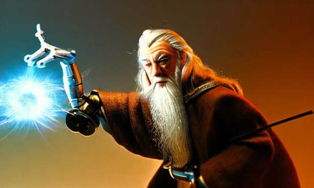 Prompt: gandalf with robotic arm and hand battling a balrog 3 5 mm photograph