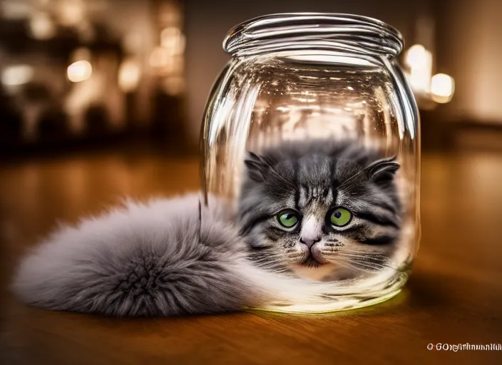 Prompt: liquid fluffy cat stuffed in a glass jar. fantasy magic style. highly detailed 8 k. intricate. lifelike. soft light. sony a 7 r iv 5 5 mm. cinematic post - processing