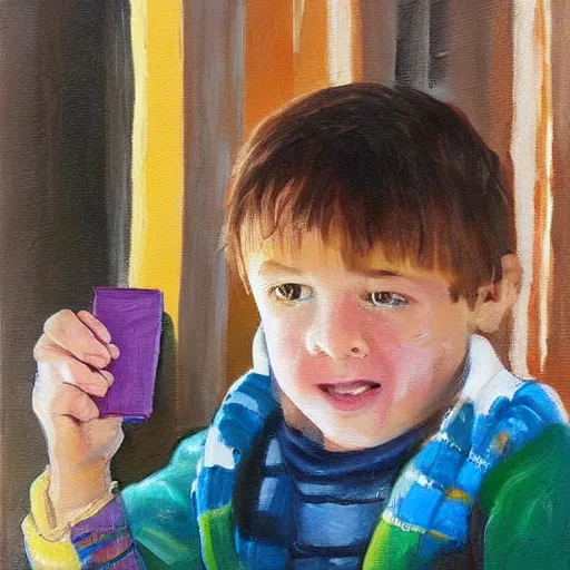 Prompt: little boy drinking hot chocolate and looking at his father wallet he hold in hand. in the background the father looking for his wallet. painting.