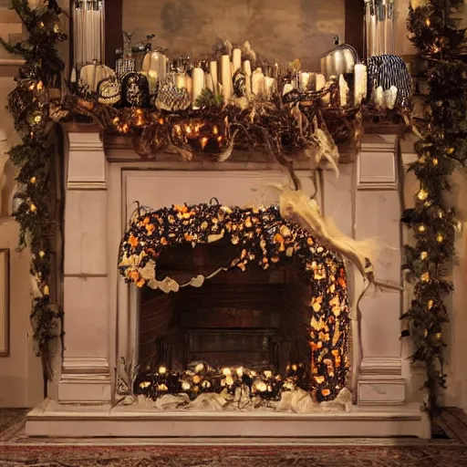 Image similar to a realistic photo of a fireplace mantle decorated for halloween, photorealism, dramatic lighting