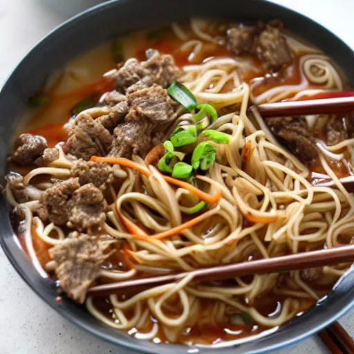 Image similar to a bowl of noodles with mixed beef sauce