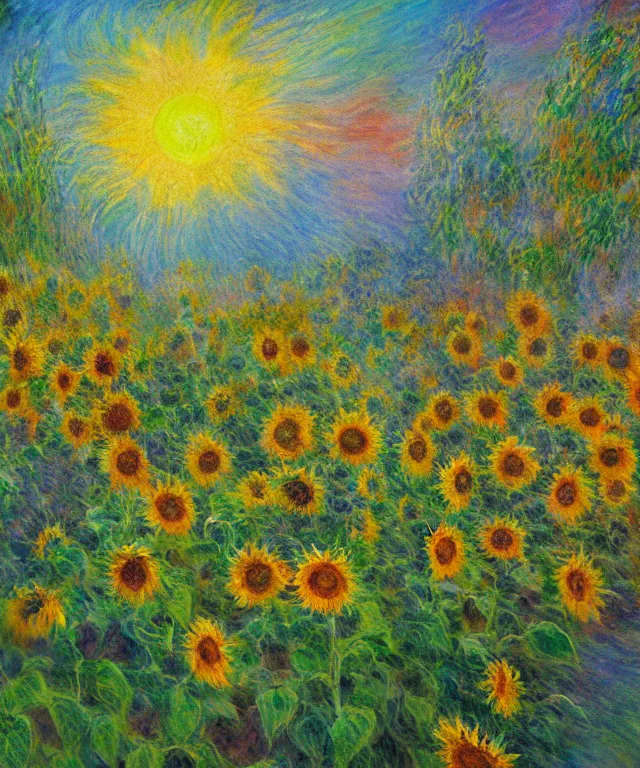 Image similar to sunflower garden, water painting, monet, heavenly, sun rays, intricate, colorful, highly detailed, digital painting, soft tones