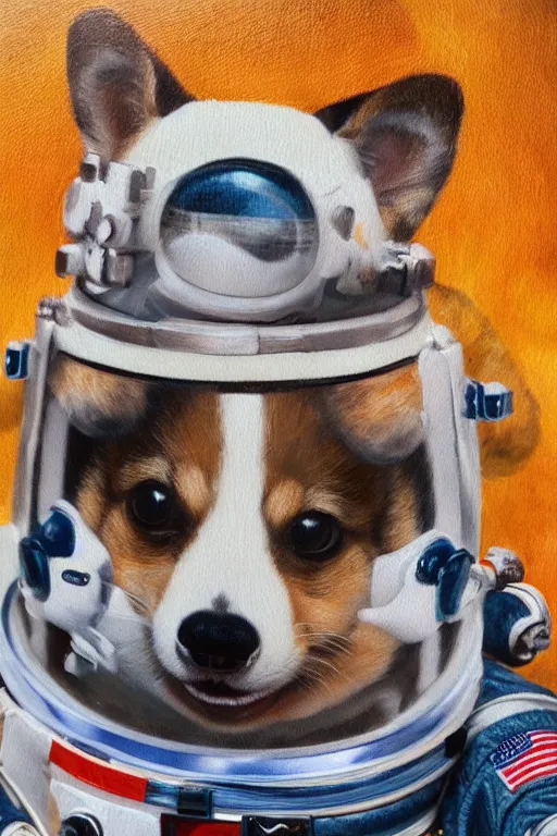 Image similar to corgi puppy as an astronaut, oil on canvas, intricate, portrait, 8 k highly professionally detailed, hdr, cgsociety