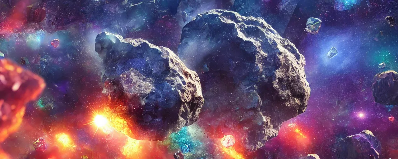 Image similar to asteroid made of shiny donald trump and crystals, [ shards, facets, by paul lehr, cinematic, detailed, epic, widescreen, opening, establishing, mattepainting, photorealistic, realistic textures, octane render ]