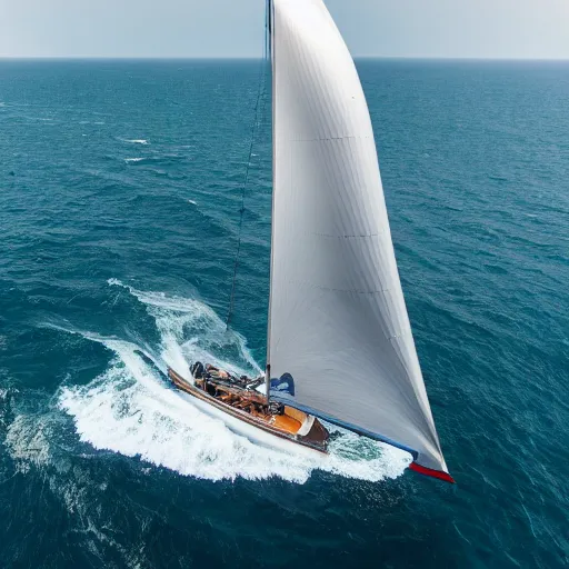 Image similar to wide-angle photography of a huge, sea blue modern sail boat sailing on an windstill ocean, award winning, 8k