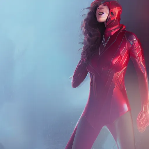 Image similar to still of scarlet witch creating a barrier around herself, photorealistic art style, futurism aesthetic, artstation, cgsociety contest winner