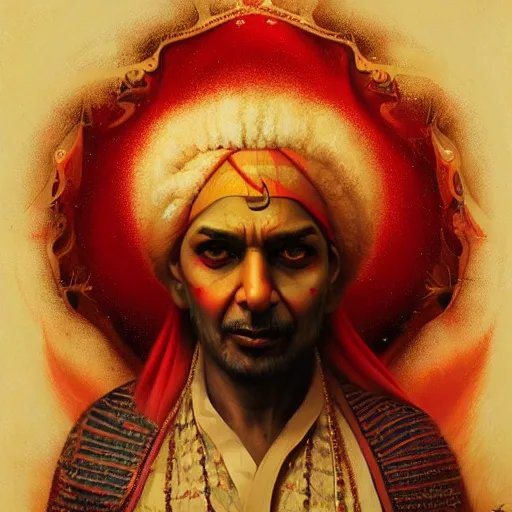 Prompt: wise old Indian guru, red and gold, by Anato Finnstark, Tom Bagshaw, Brom
