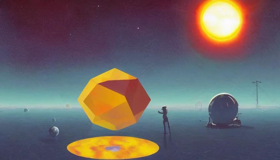 Image similar to hexagon floating in front of the sun in space, planet earth in foreground, simon stalenhag