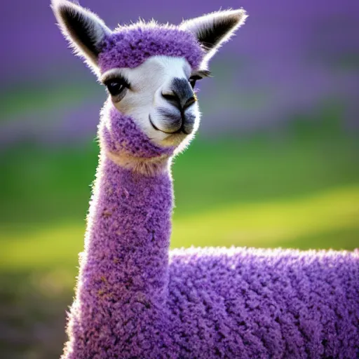 Prompt: lavender llama sitting in a field at sunset, 4k, hd, photorealistic