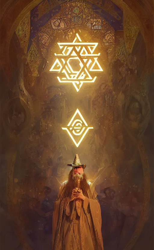 Image similar to the personification of judaism, jerusalem, star of david, menorah, highly detailed, digital painting, artstation, concept art, sharp focus, illustration, art by greg rutkowski and alphonse mucha