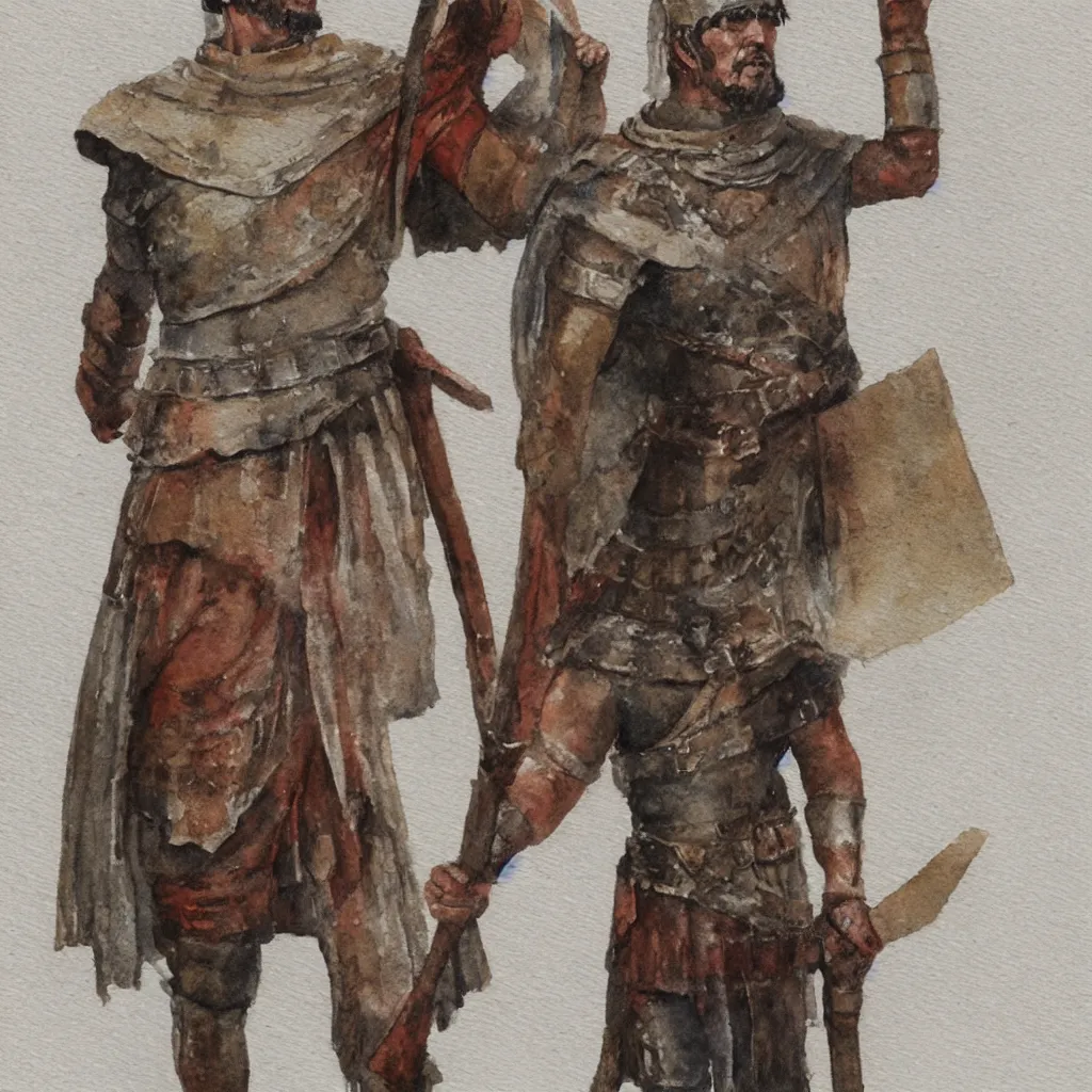 Prompt: a roman legionnaire holding an envelope, standing alone, watercolor, concept art, white background