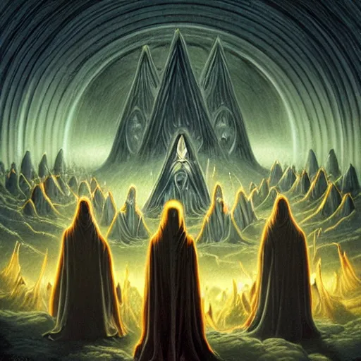 Image similar to a dark cabal of multiple hooded elven mystics in long dark robes gathered in a circular formation around a highly advanced alien computer, dan seagrave art, michael whelan