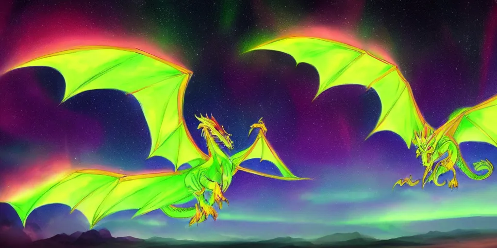 Prompt: Dragon flying across a aurora borealis sky, digital art, trending on Artstation, lightning