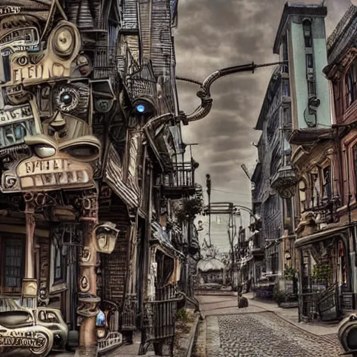 Image similar to streetview of a steampunk city.