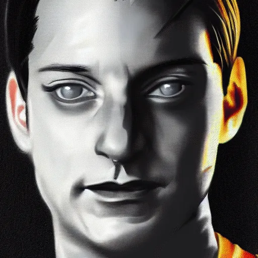 Prompt: portrait of tobey maguire's spider man, highly detailed, centered, solid color background, digital painting