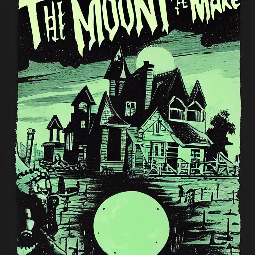 Image similar to ghosts in the bayou, heavy ink, moon in sky, green, mike mignola