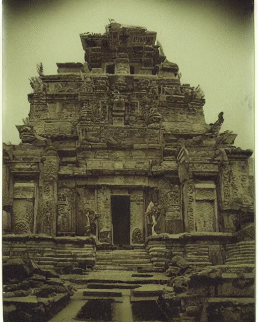 Image similar to Haunting horrifying detailed polaroid of an ancient temple that calls out to the viewer, beckoning them in to their deaths, hyper detailed, trending on Artstation