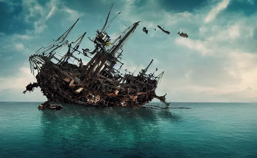 Image similar to “Pirate ship wreck falling off a Floating island from the sky, 4k, cinematic, award winning”