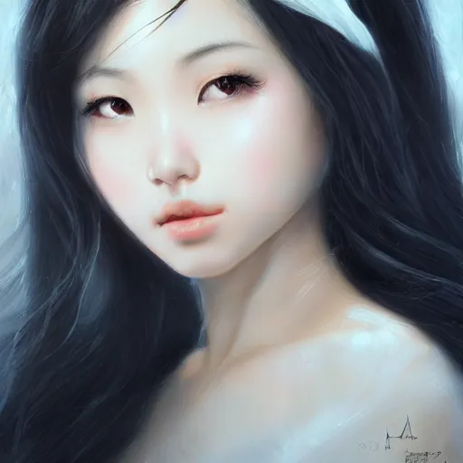 Prompt: Asian girl, watery black eyes, long wavy black hair, white veil, front closeup, highly detailed, centered, oil painting, artstation, concept art by Artgerm