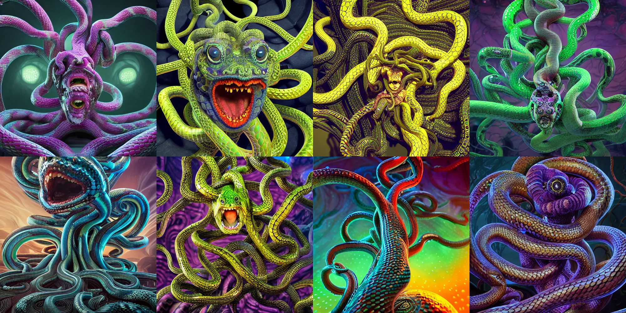 Image similar to beautiful medusa gorgon highly detailed snakes, cosmic horror, abstract, ghostly, arcade, duotone, poltergeist, epic lighting, intricate, elegant, highly detailed, smooth, sharp focus, photo real, ultra realistic, unreal engine 5, raytracing, in the style of beeple and mike winkelmann, ultraviolet colors,