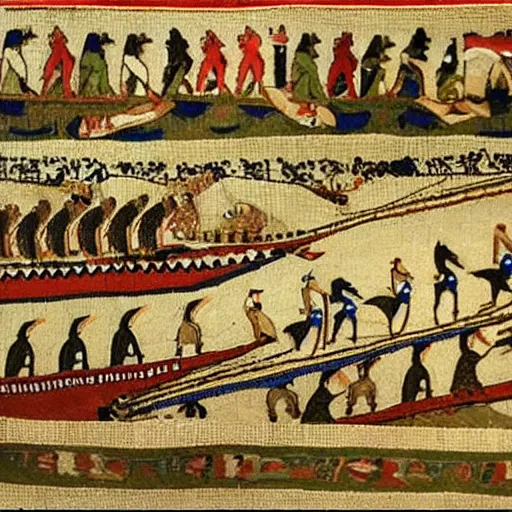 Image similar to bayeux tapestry, duck fight