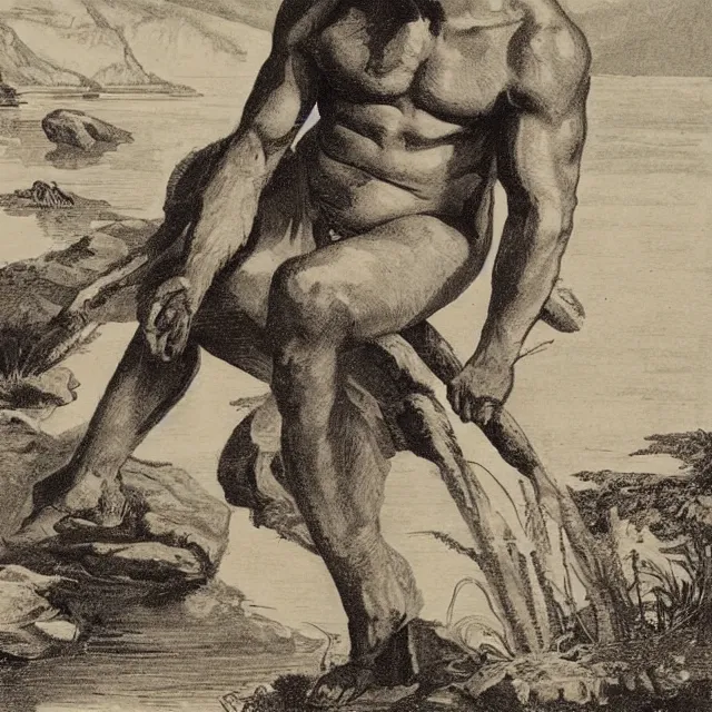 Prompt: muscular greek god sitting by a lake, vintage illustration