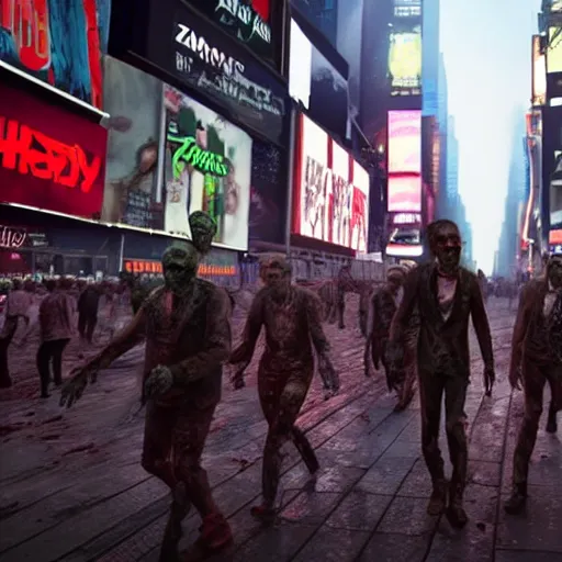 Prompt: Zombies walking in Times Square, realistic artstyle, wide shot, dramatic lighting, octane render, hyperrealistic, high quality, highly detailed, HD, beautiful, cinematic, 8k, unreal engine, facial accuracy, symmetrical