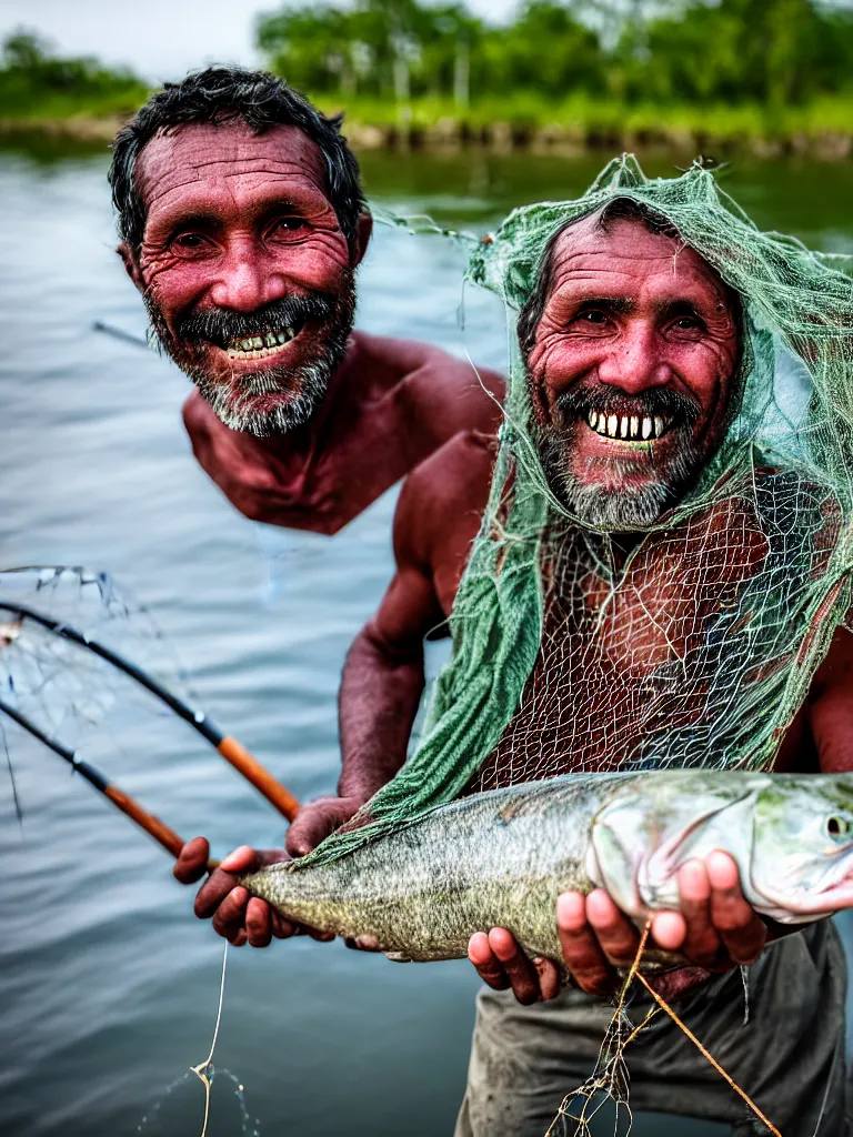 Prompt: an imperfect journalistic portrait of a fisherman, after he has caught a tokomak in his net. he grins proudly, baring his gargantuan razor sharp teeth like blades of a professional food processor
