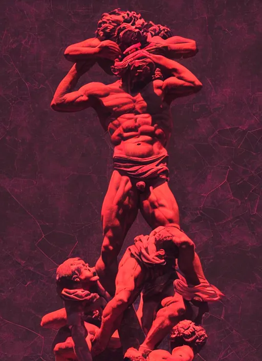 Image similar to black background with very subtle red and purple design elements, statue of laocoon and his sons, powerful, nekro, graphic design, collage art, thin lines, dark, glitch art, neo vaporwave, gritty, layout frame, square, trending on artstation