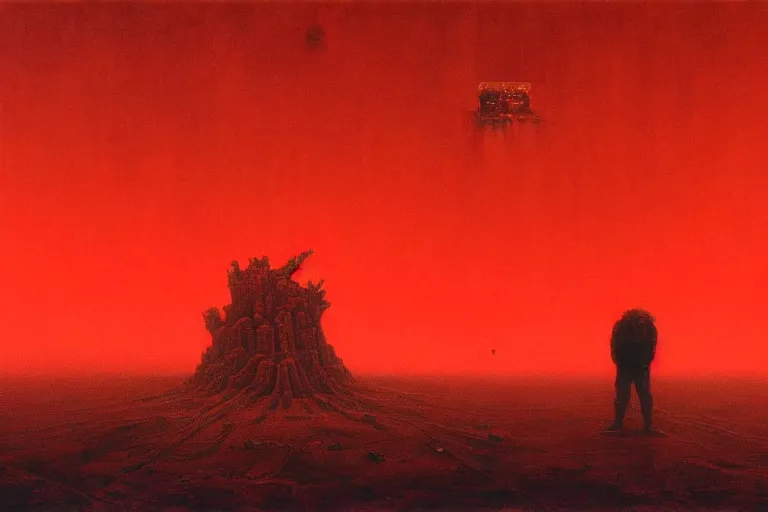 Image similar to only with red, red god of death eat apple, a futuristic city on mars in the background, red worms on the floor, in the style of beksinski, part by hopper, part by rodcenko, part by hofbauer, intricate composition, red by caravaggio, insanely quality, highly detailed, masterpiece, red light, artstation, 8 k