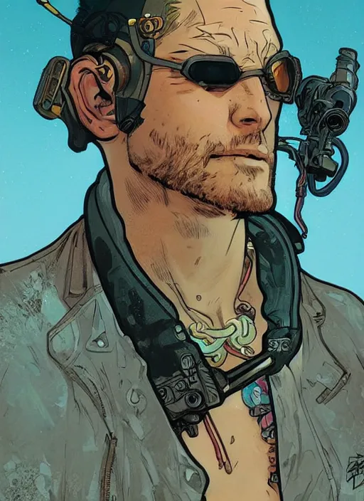 Image similar to cyberpunk beach bum. portrait by ashley wood and alphonse mucha and laurie greasley and josan gonzalez and james gurney. splinter cell, apex legends, rb 6 s, hl 2, d & d, cyberpunk 2 0 7 7. realistic face. character clothing. vivid color. dystopian setting.