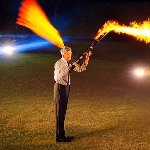 Image similar to photo of Jerome Powell using a flamethrower projecting a long flame. award-winning, highly-detailed