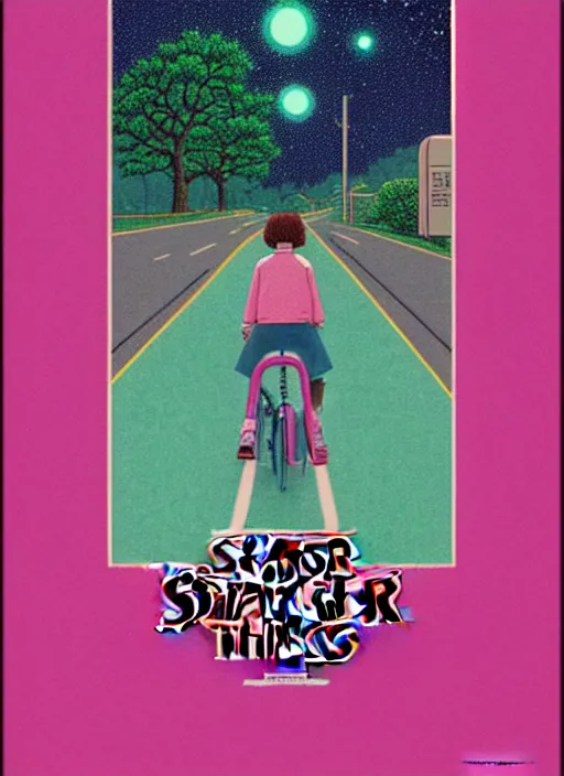 Prompt: realistic poster of stranger things, futuristic, dreamy, in shades of pink and green light, highly detailed, 8 0 - s style poster, sharp focus, illustration, art by kawase hasui,