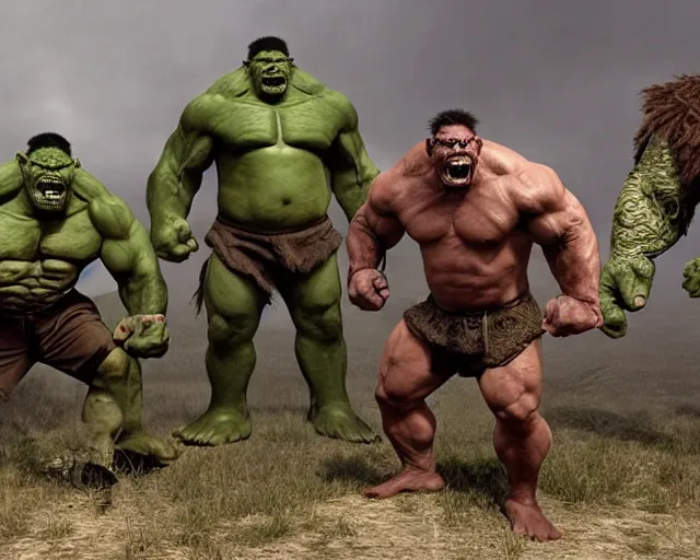 Image similar to hyper realistic group vintage photograph of a warrior orc tribe, tall, muscular, hulk like physique, sharp fangs and tusks, big arms, big hands, big feet, armored, tribal paint, highly detailed, 3 d render, unreal engine, octane render, cgi, vfx