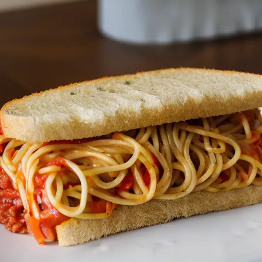 Image similar to a spaghetti sandwich, cookbook photo