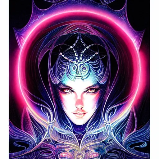 Image similar to a symmetrical portrait of a mystical feminine creature with glowing energies and particals, metal scales, surrounded by spirits, gloomy cinematic lighting, highly detailed, illustrated novel, by artgerm and druillet