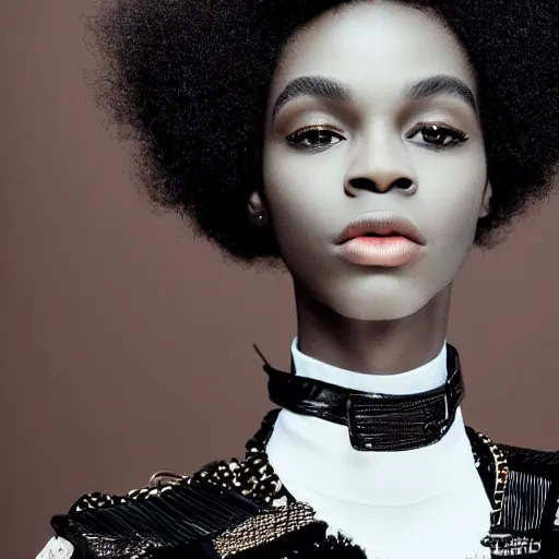 Prompt: close up of headof a black fashion model with afro, black background, official valentino editorial, highly detailed