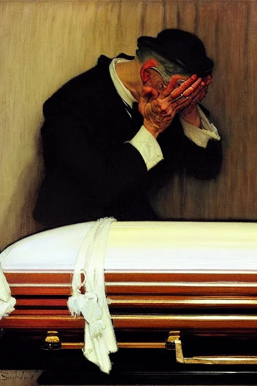 Image similar to a sad man mourning over a casket by sydney prior hall and alfred stevens and sherree valentine daines and norman rockwell, casket, highly detailed, deep shadows, accurate face, hyperrealism