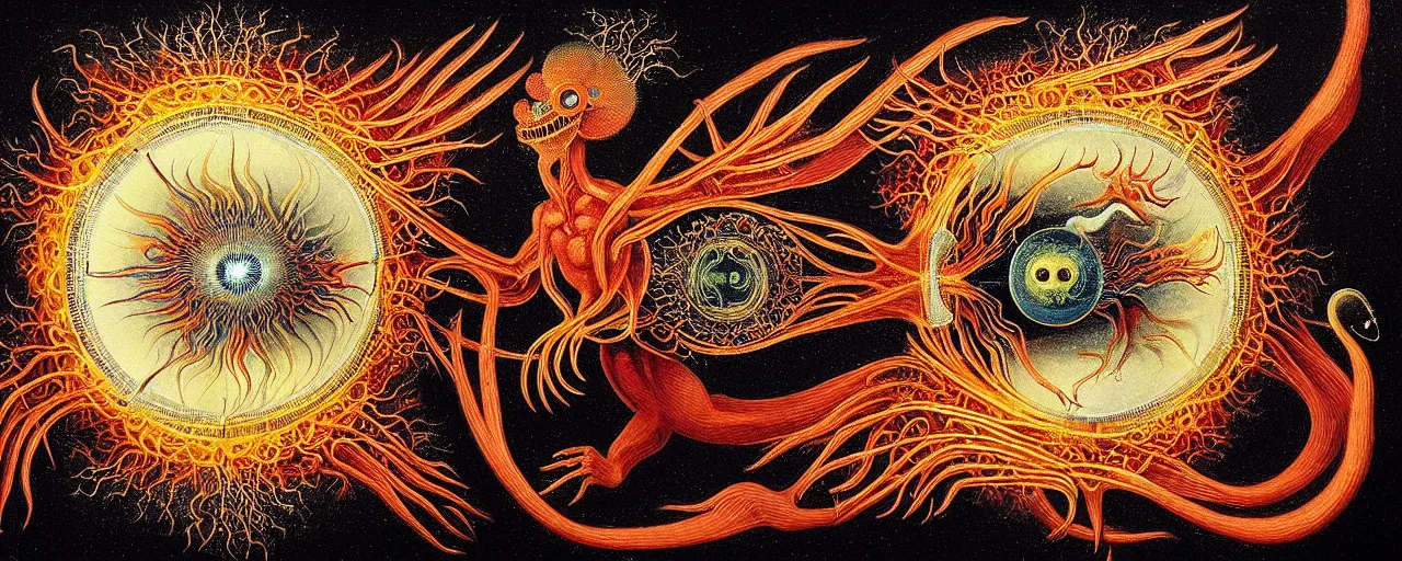 Image similar to a strange fire creature with endearing eyes radiates a unique canto'as above so below'while being ignited by the spirit of haeckel and robert fludd, breakthrough is iminent, glory be to the magic within, in honor of saturn, painted by ronny khalil