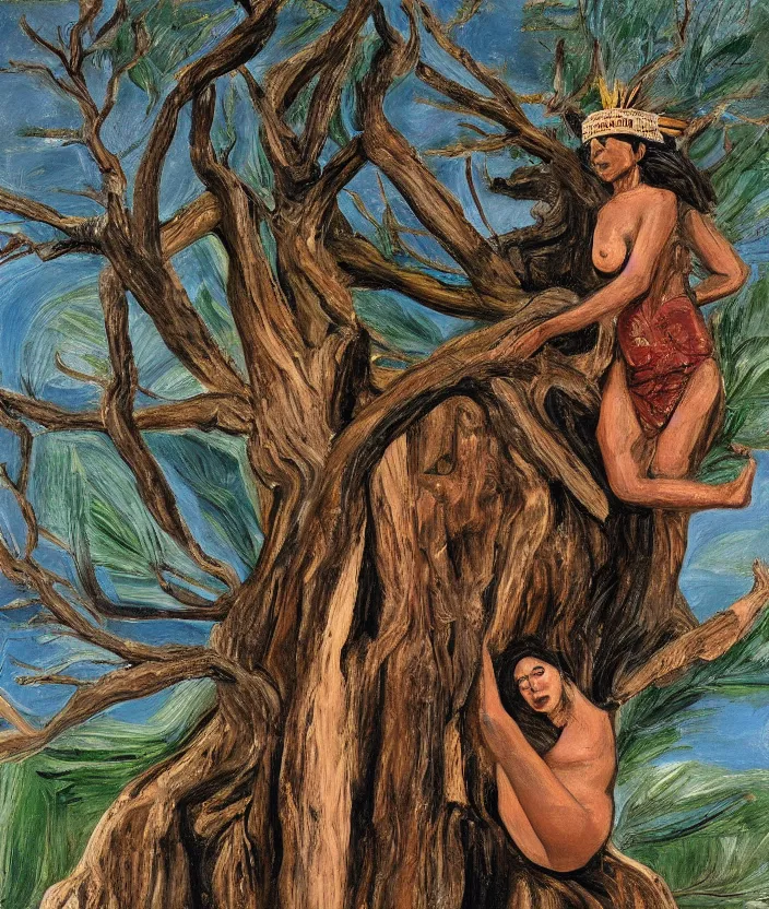 Image similar to indigenous woman on top of a tree, painted by lucian freud, hd, super detailed, realistic, muted colors