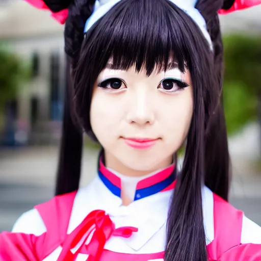 Prompt: a symmetric and beautiful face, high definition photo of a cosplayer with twin tails, wearing maid uniform, photo taken with Sony a7R