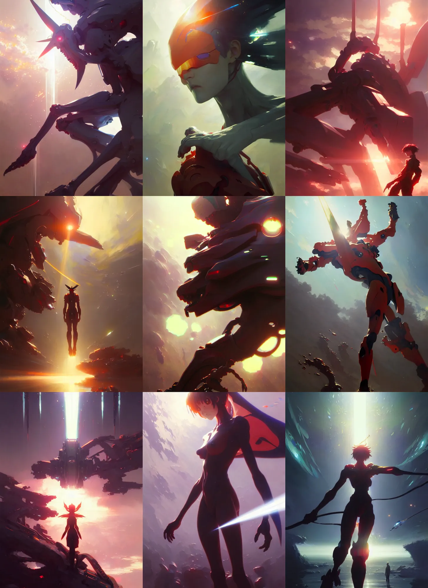 Prompt: evangelion, intricate, lens flare, bloom, sharp focus, illustration, highly detailed, digital painting, concept art, matte, art by ruan jia and wlop and greg rutkowski, masterpiece