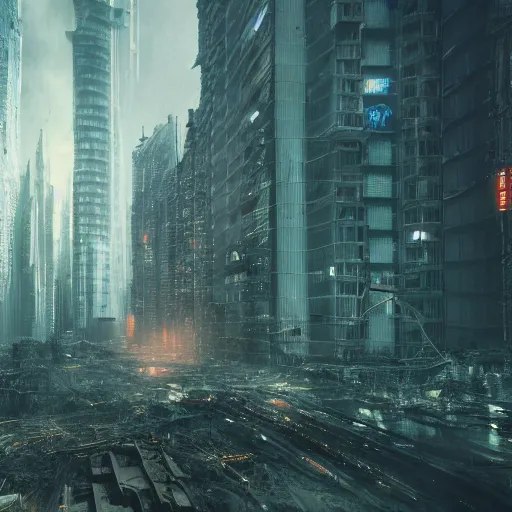 Image similar to terrifying nature destroying a dystopian city, cyberpunk, sharp focus, dynamic lights, still, photograph, hyper realistic, masterpiece, octane render, rendered, 3 d, cinematic, cinematic lighting, dramatic lighting, highly detailed, intricate details, texture, cinematic composition, by donglu yu and kevin jick and eddie del rio