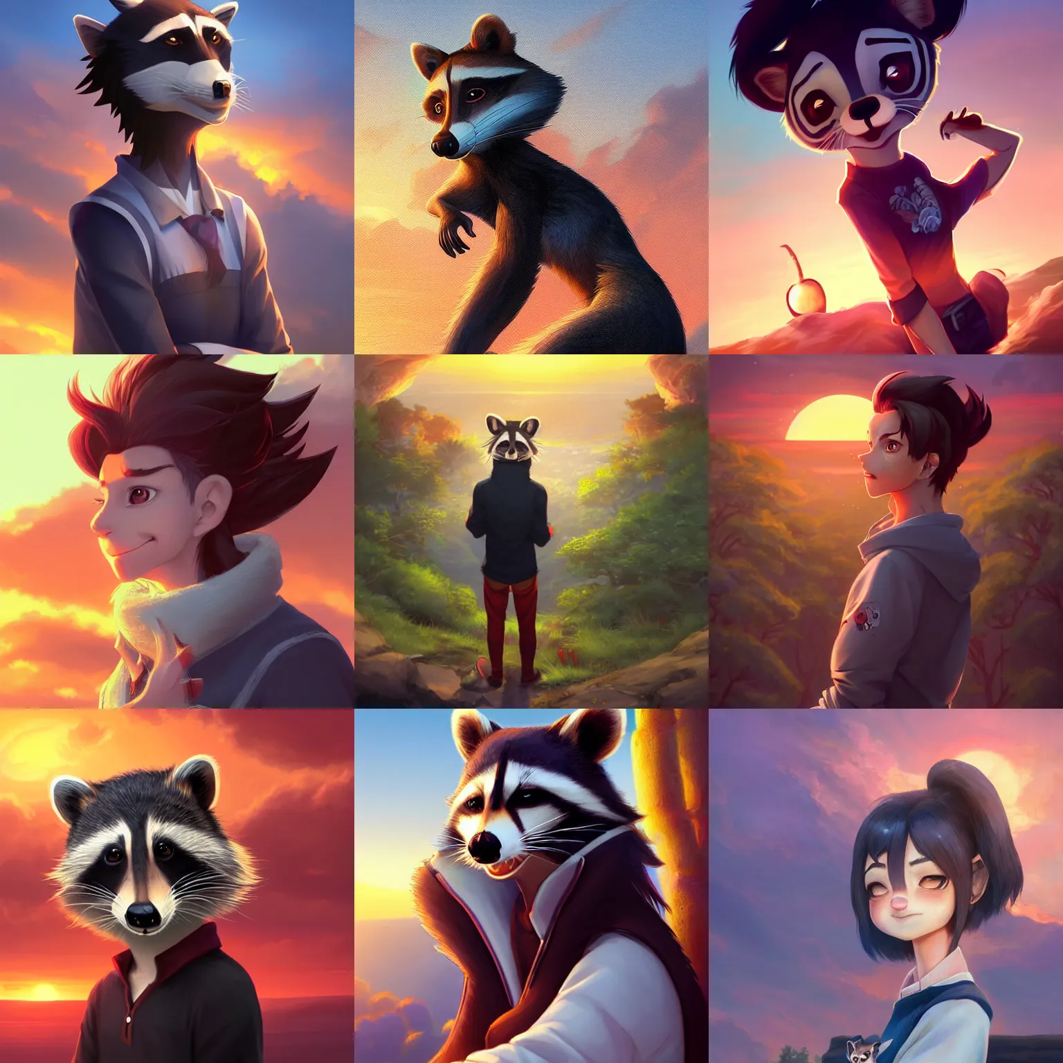 Prompt: beautiful portrait of a male anthropomorphic raccoon fursona with black hair in a ponytail wearing a red shirt watching a beautiful sunset. character design by charlie bowater, ross tran, artgerm, and makoto shinkai, detailed, soft lighting, rendered in octane