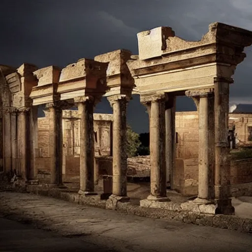 Image similar to Beautiful Promotional Photograph of ancient Roman McDonalds, wideshot,longshot,fullshot.