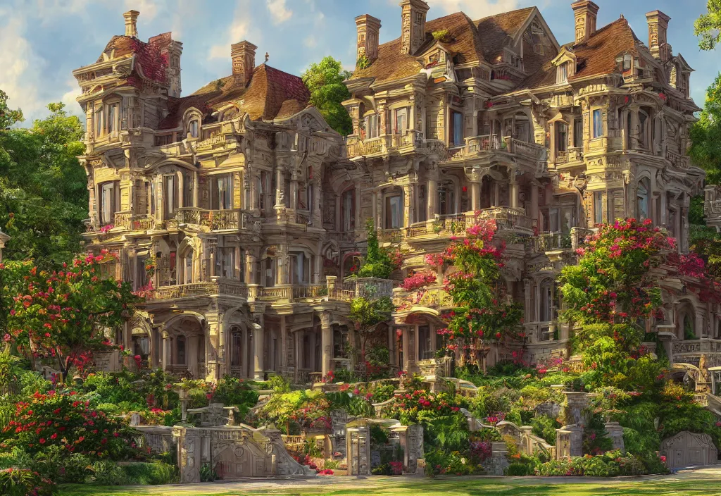 Prompt: a mansion, trending on artstation, vibrant colors, gorgeous, beautiful, magnificent, high quality, 8 k, very detailed, intricate, high detail, extremely fine details, realistic shaded lighting, not cropped, extremely detailed, masterpiece, digital painting